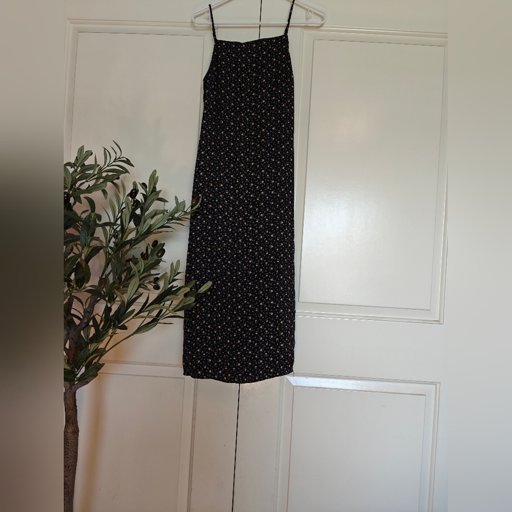 LBD Maxi with yellow and purple flowers spaghetti strap square neck